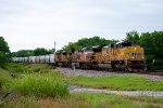 A southbound grain train crawls into the siding in McAlester